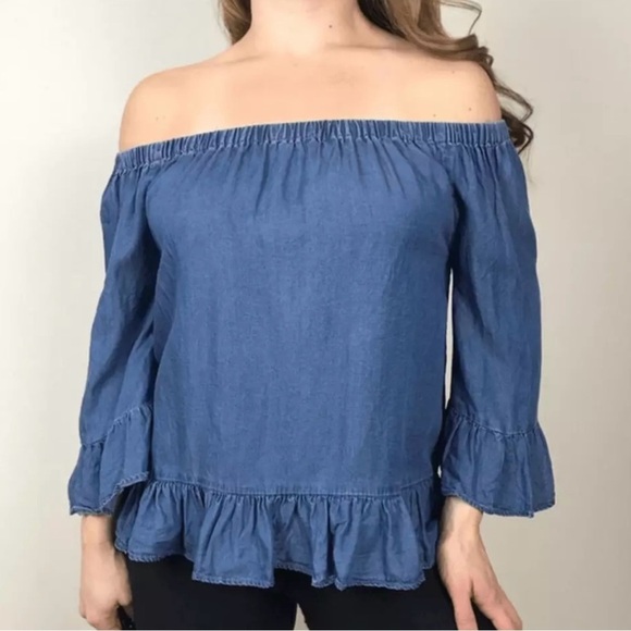 Jane and Delancey Chambray Off The Shoulder Denim Top- Size Large - Picture 1 of 8
